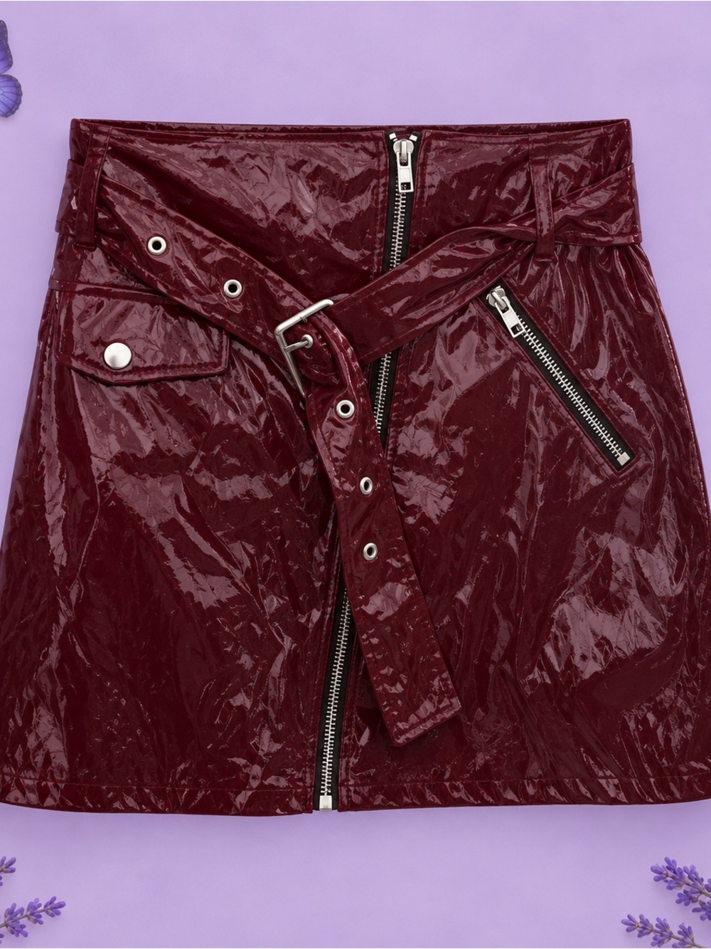 Forever 21 Wine Patent Mini Skirt with Belted Front & Silver Zippers
